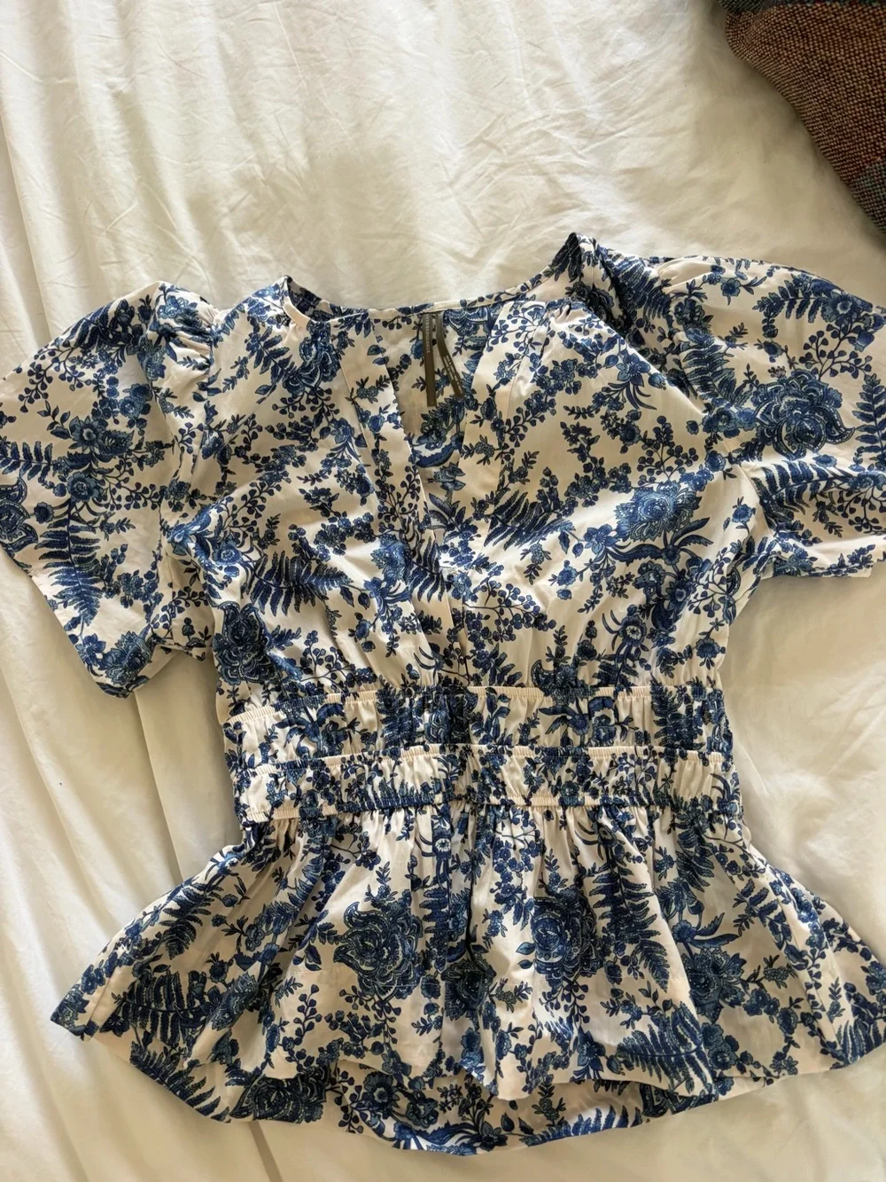 Anthropologie Blue & White Floral Smocked Peplum Top